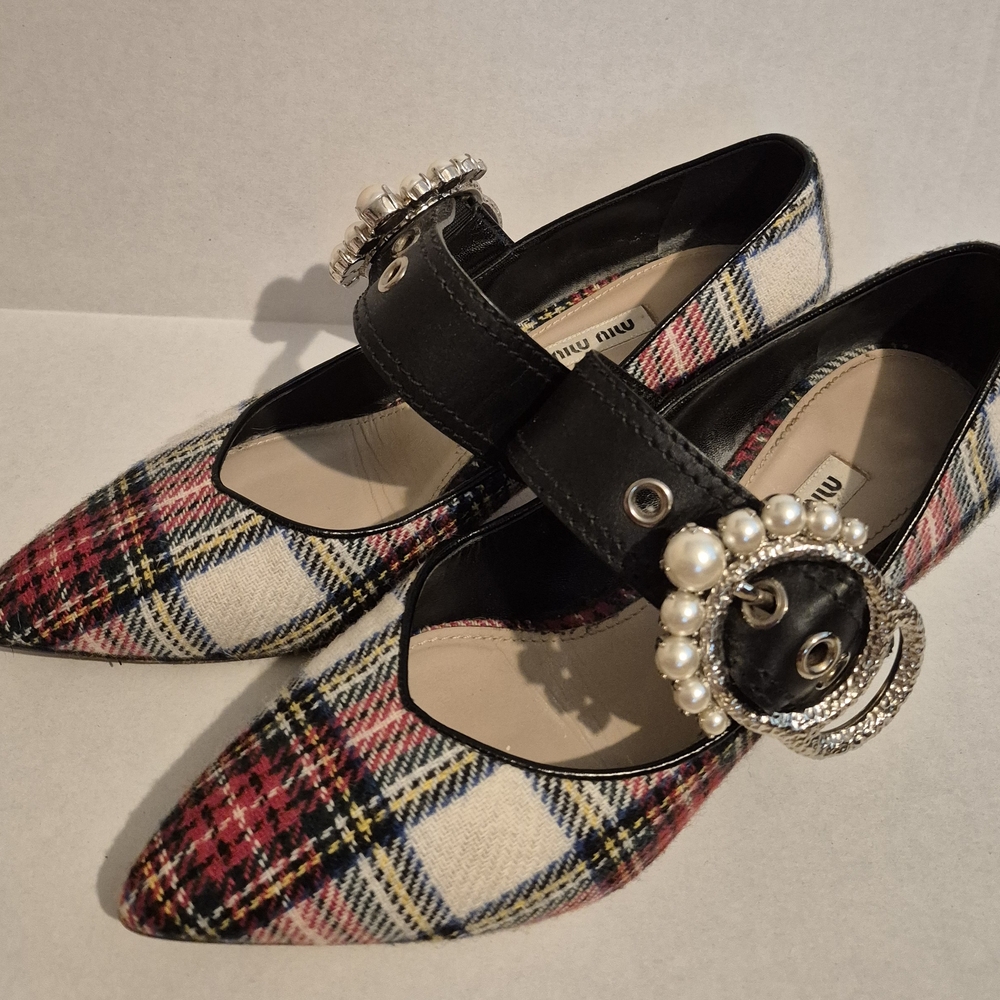 Miu Miu tartan plaid mary jane shoes with pearl buckle